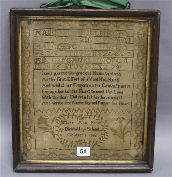 An early 19th century sampler dated 1805 32 x 28cm